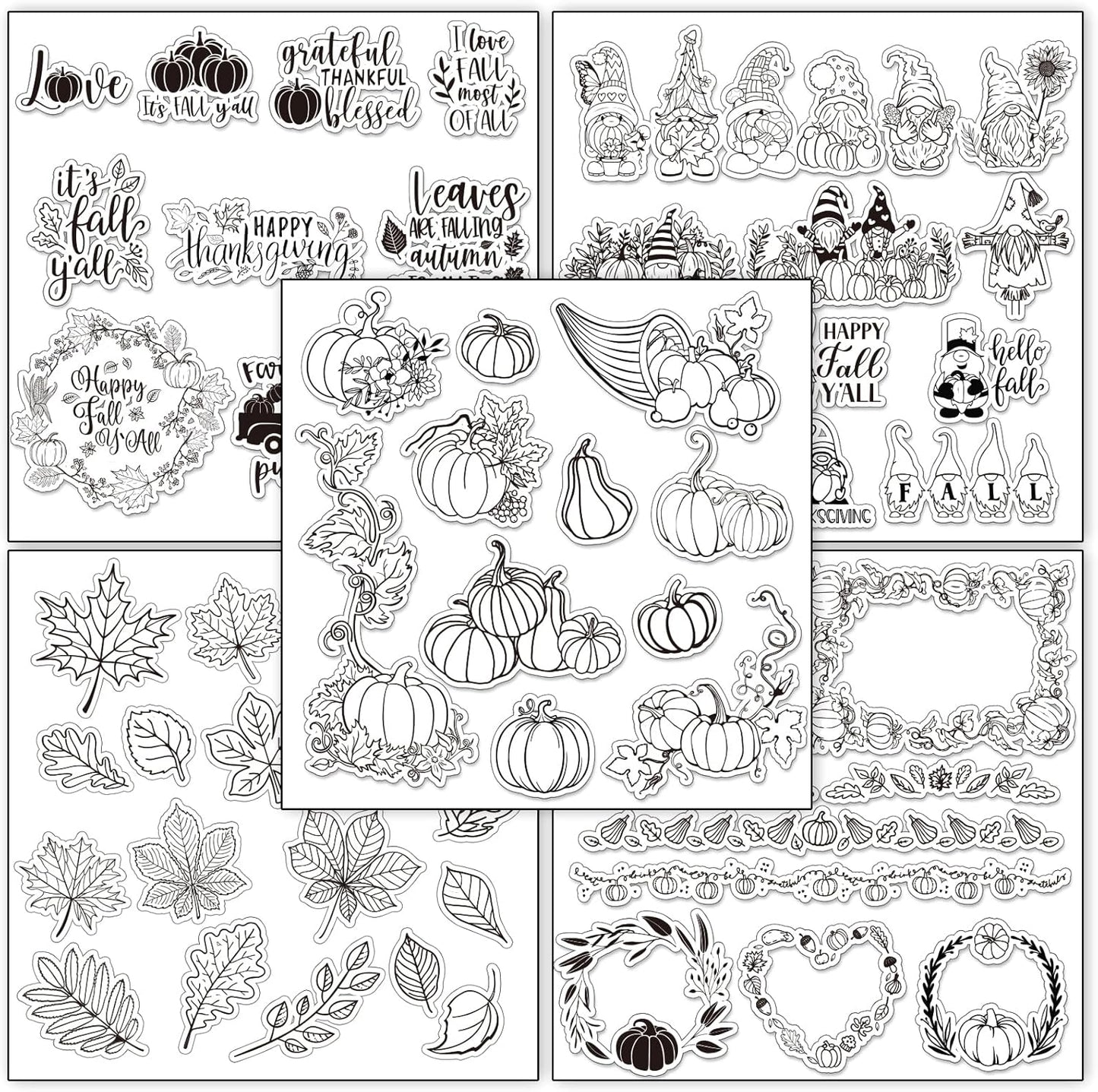 Whaline 5 Sheet Fall Thanksgiving Clear Stamps Autumn Leaves Pumpkin Gnome Silicone Transparent Stamps Happy Fall Border Stamp Cards for DIY Craft Card Making Scrapbooking Embossing Album Decor